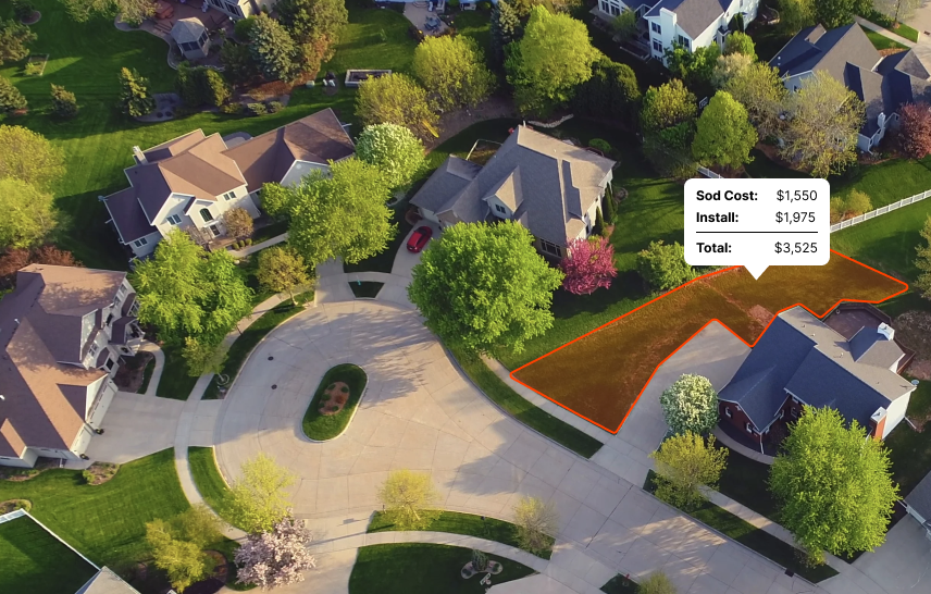 Aerial view of a house with sod calculator data overlayed