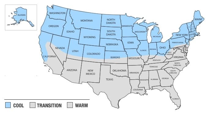 A geographical map highlighting Indiana located in the cool season region of the United States