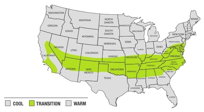 A geographical map highlighting Tennessee located in the transition zone region of the United States