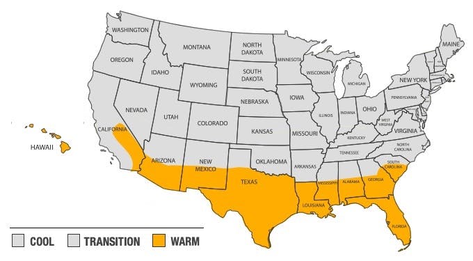 A geographical map highlighting Texas located in the warm season region of the United States